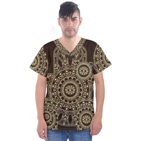 Hamsa Hand Drawn Symbol With Flower Decorative Pattern Men s V-neck Scrub Top by Hannah976