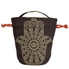 Hamsa Hand Drawn Symbol With Flower Decorative Pattern Drawstring Bucket Bag by Hannah976