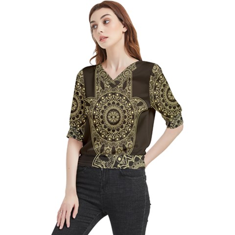 Hamsa Hand Drawn Symbol With Flower Decorative Pattern Quarter Sleeve Blouse by Hannah976