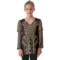 Hamsa Hand Drawn Symbol With Flower Decorative Pattern Kids  V Neck Casual Top