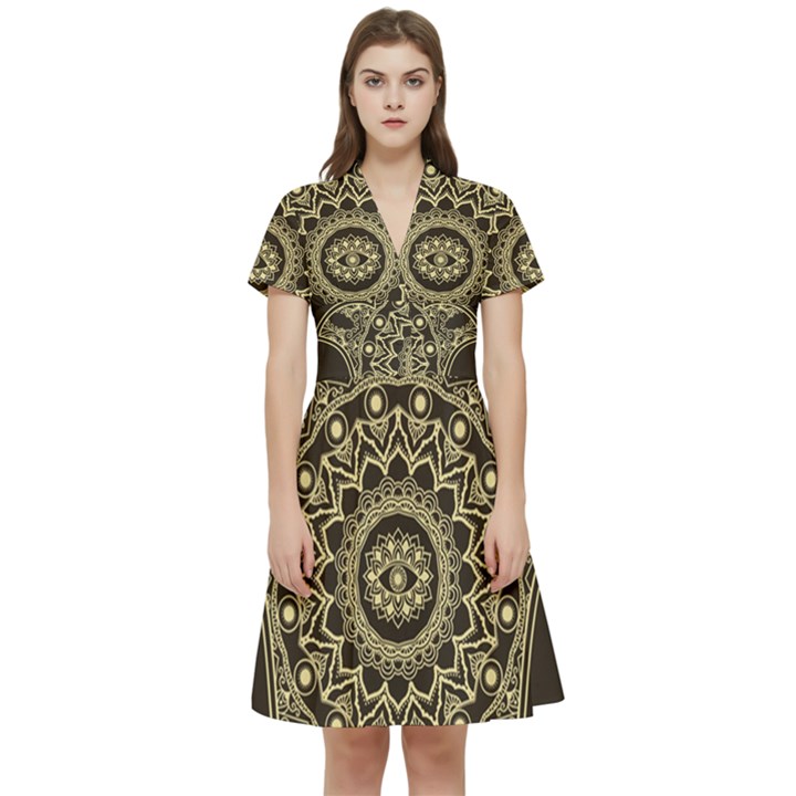 Hamsa Hand Drawn Symbol With Flower Decorative Pattern Short Sleeve Waist Detail Dress