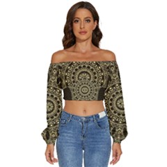 Hamsa Hand Drawn Symbol With Flower Decorative Pattern Long Sleeve Crinkled Weave Crop Top by Hannah976