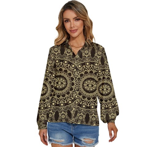 Hamsa Hand Drawn Symbol With Flower Decorative Pattern Women s Long Sleeve Button Up Shirt by Hannah976