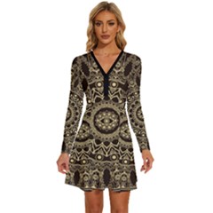 Hamsa Hand Drawn Symbol With Flower Decorative Pattern Long Sleeve Deep V Mini Dress  by Hannah976