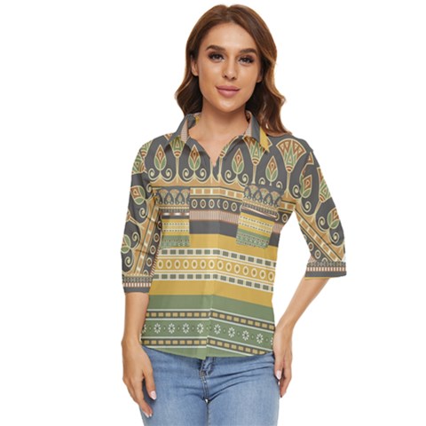 Seamless Pattern Egyptian Ornament With Lotus Flower Women s Quarter Sleeve Pocket Shirt by Hannah976