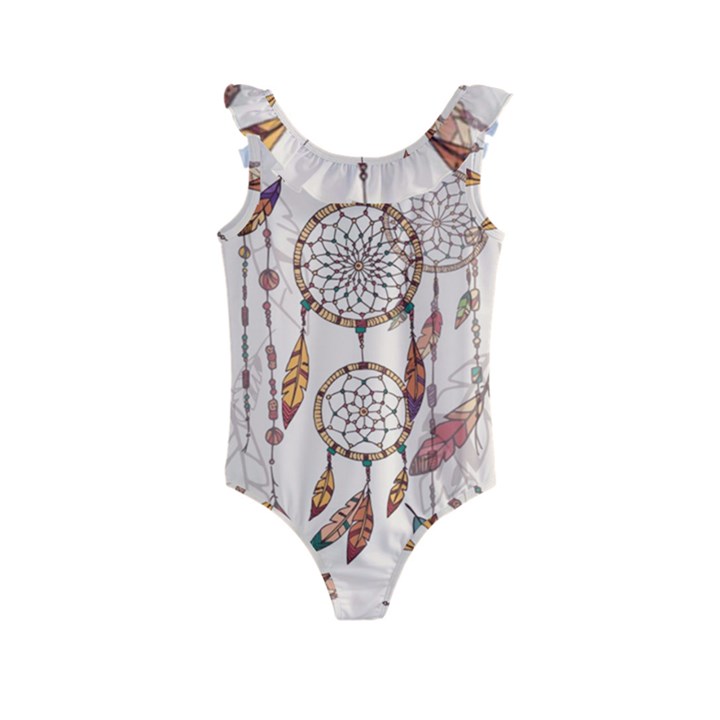 Coloured Dreamcatcher Background Kids  Frill Swimsuit