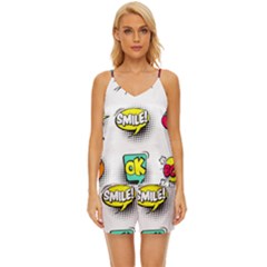 Set Colorful Comic Speech Bubbles V-neck Satin Pajamas Set by Hannah976