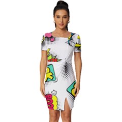 Set Colorful Comic Speech Bubbles Fitted Knot Split End Bodycon Dress by Hannah976