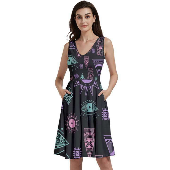 Vintage Seamless Pattern With Tribal Art African Style Drawing Sleeveless V-Neck Skater Dress with Pockets