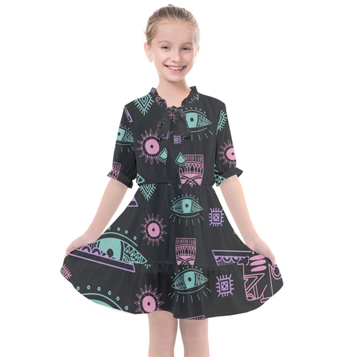 Vintage Seamless Pattern With Tribal Art African Style Drawing Kids  All Frills Chiffon Dress