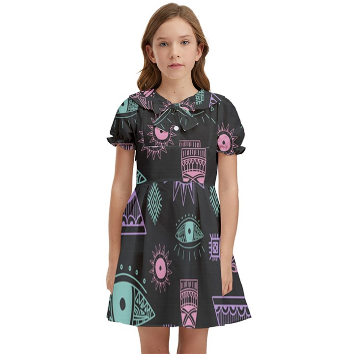 Vintage Seamless Pattern With Tribal Art African Style Drawing Kids  Bow Tie Puff Sleeve Dress