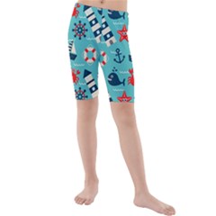 Seamless Pattern Nautical Icons Cartoon Style Kids  Mid Length Swim Shorts by Hannah976