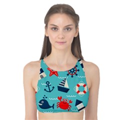 Seamless Pattern Nautical Icons Cartoon Style Tank Bikini Top by Hannah976