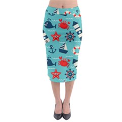 Seamless Pattern Nautical Icons Cartoon Style Midi Pencil Skirt by Hannah976