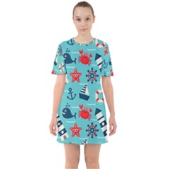 Seamless Pattern Nautical Icons Cartoon Style Sixties Short Sleeve Mini Dress