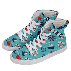 Seamless Pattern Nautical Icons Cartoon Style Men s Hi-top Skate Sneakers by Hannah976