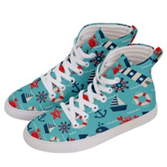 Seamless Pattern Nautical Icons Cartoon Style Women s Hi-top Skate Sneakers by Hannah976