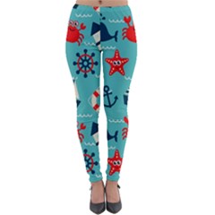 Seamless Pattern Nautical Icons Cartoon Style Lightweight Velour Leggings by Hannah976