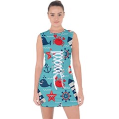 Seamless Pattern Nautical Icons Cartoon Style Lace Up Front Bodycon Dress by Hannah976