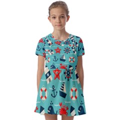 Seamless Pattern Nautical Icons Cartoon Style Kids  Short Sleeve Pinafore Style Dress by Hannah976