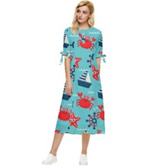 Seamless Pattern Nautical Icons Cartoon Style Bow Sleeve Chiffon Midi Dress by Hannah976