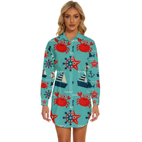 Seamless Pattern Nautical Icons Cartoon Style Womens Long Sleeve Shirt Dress by Hannah976