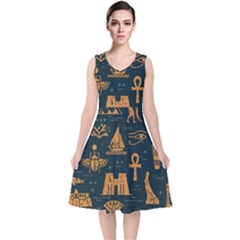 Dark Seamless Pattern Symbols Landmarks Signs Egypt Art V-neck Midi Sleeveless Dress  by Hannah976