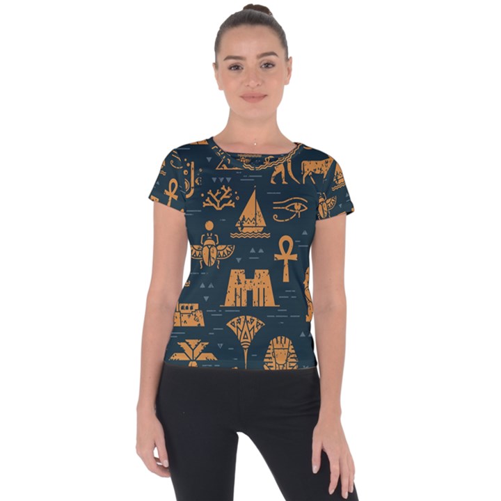 Dark Seamless Pattern Symbols Landmarks Signs Egypt Art Short Sleeve Sports Top 