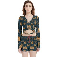 Dark Seamless Pattern Symbols Landmarks Signs Egypt Art Velvet Wrap Crop Top And Shorts Set by Hannah976