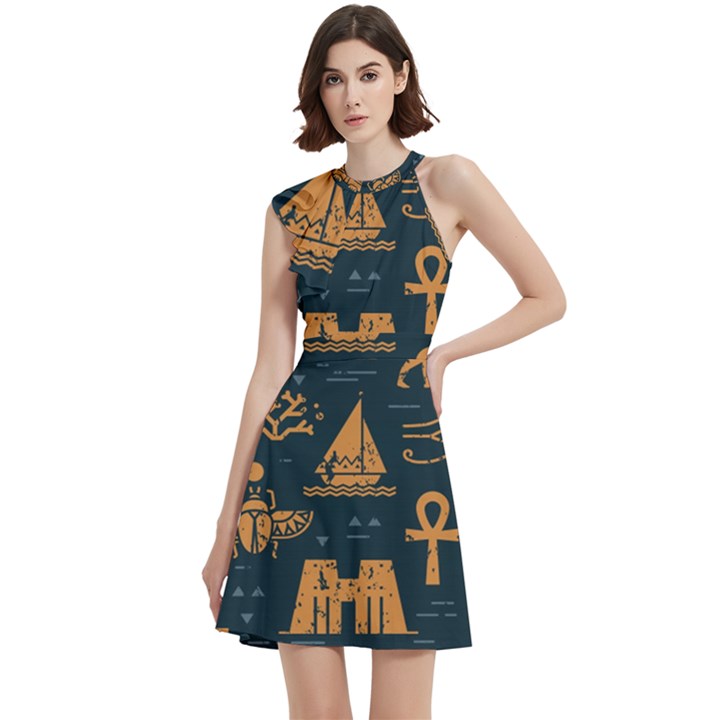 Dark Seamless Pattern Symbols Landmarks Signs Egypt Art Cocktail Party Halter Sleeveless Dress With Pockets