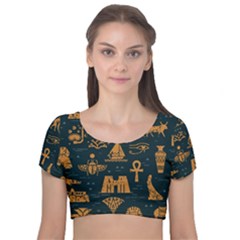 Dark Seamless Pattern Symbols Landmarks Signs Egypt Art Velvet Short Sleeve Crop Top  by Hannah976