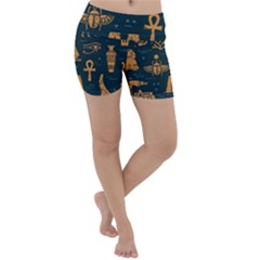 Dark Seamless Pattern Symbols Landmarks Signs Egypt Art Lightweight Velour Yoga Shorts by Hannah976