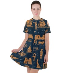 Dark Seamless Pattern Symbols Landmarks Signs Egypt Art Short Sleeve Shoulder Cut Out Dress  by Hannah976