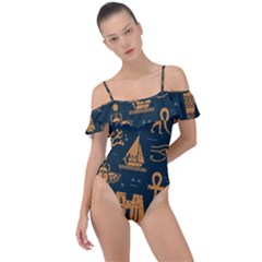 Dark Seamless Pattern Symbols Landmarks Signs Egypt Art Frill Detail One Piece Swimsuit by Hannah976