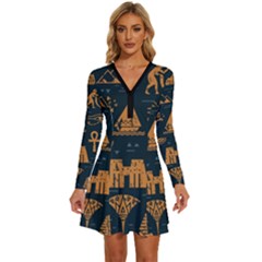 Dark Seamless Pattern Symbols Landmarks Signs Egypt Art Long Sleeve Deep V Mini Dress  by Hannah976