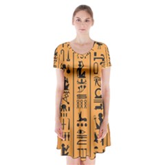 Egyptian Hieroglyphs Ancient Egypt Letters Papyrus Background Vector Old Egyptian Hieroglyph Writing Short Sleeve V-neck Flare Dress by Hannah976