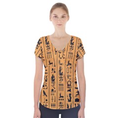 Egyptian Hieroglyphs Ancient Egypt Letters Papyrus Background Vector Old Egyptian Hieroglyph Writing Short Sleeve Front Detail Top by Hannah976