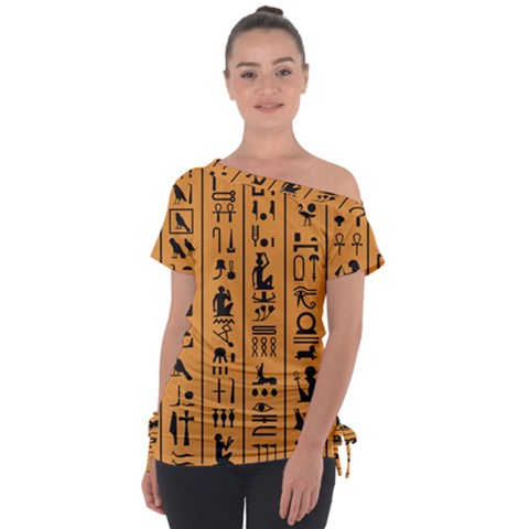 Egyptian Hieroglyphs Ancient Egypt Letters Papyrus Background Vector Old Egyptian Hieroglyph Writing Off Shoulder Tie-up T-shirt by Hannah976