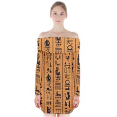 Egyptian Hieroglyphs Ancient Egypt Letters Papyrus Background Vector Old Egyptian Hieroglyph Writing Long Sleeve Off Shoulder Dress by Hannah976