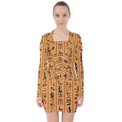 Egyptian Hieroglyphs Ancient Egypt Letters Papyrus Background Vector Old Egyptian Hieroglyph Writing V-neck Bodycon Long Sleeve Dress by Hannah976