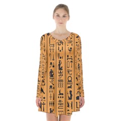 Egyptian Hieroglyphs Ancient Egypt Letters Papyrus Background Vector Old Egyptian Hieroglyph Writing Long Sleeve Velvet V-neck Dress