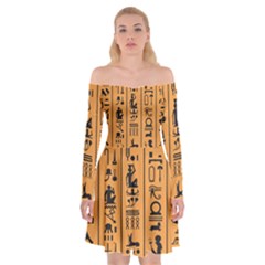 Egyptian Hieroglyphs Ancient Egypt Letters Papyrus Background Vector Old Egyptian Hieroglyph Writing Off Shoulder Skater Dress by Hannah976