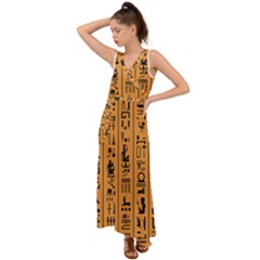 Egyptian Hieroglyphs Ancient Egypt Letters Papyrus Background Vector Old Egyptian Hieroglyph Writing V-neck Chiffon Maxi Dress by Hannah976