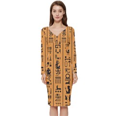 Egyptian Hieroglyphs Ancient Egypt Letters Papyrus Background Vector Old Egyptian Hieroglyph Writing Long Sleeve V-neck Bodycon Dress  by Hannah976