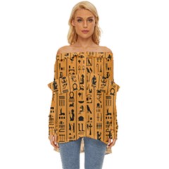 Egyptian Hieroglyphs Ancient Egypt Letters Papyrus Background Vector Old Egyptian Hieroglyph Writing Off Shoulder Chiffon Pocket Shirt