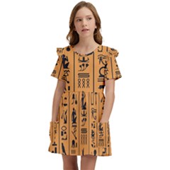 Egyptian Hieroglyphs Ancient Egypt Letters Papyrus Background Vector Old Egyptian Hieroglyph Writing Kids  Frilly Sleeves Pocket Dress by Hannah976