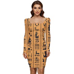 Egyptian Hieroglyphs Ancient Egypt Letters Papyrus Background Vector Old Egyptian Hieroglyph Writing Women Long Sleeve Ruched Stretch Jersey Dress by Hannah976