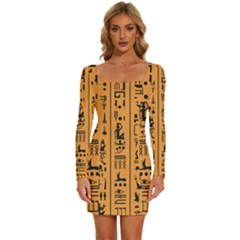 Egyptian Hieroglyphs Ancient Egypt Letters Papyrus Background Vector Old Egyptian Hieroglyph Writing Long Sleeve Square Neck Bodycon Velvet Dress by Hannah976