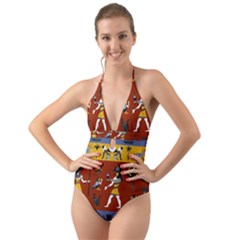 Ancient Egyptian Religion Seamless Pattern Halter Cut-out One Piece Swimsuit by Hannah976