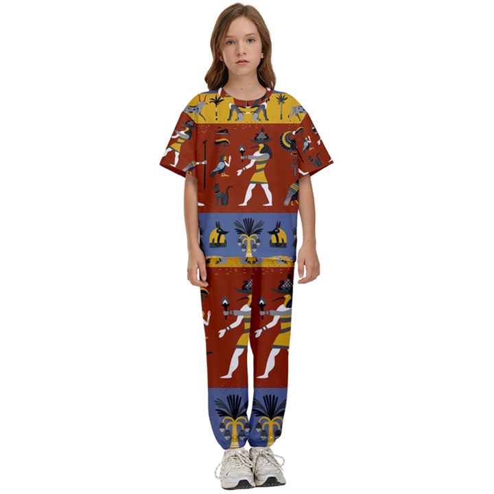 Ancient Egyptian Religion Seamless Pattern Kids  T-Shirt and Pants Sports Set